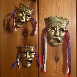 Tragic Comedy Brass Ribbon Mask Trio Wall Hanging Decor